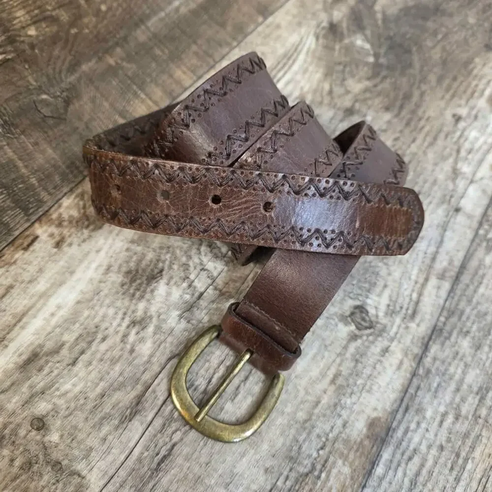 Vintage Brown Leather Zig Zag Stitched Belt Boho Western Distressed